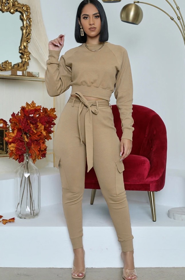 Kahaki Long Sleeve Top and Pant with Matching Belt Two Piece Set