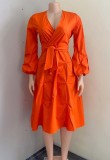 Plus Size Orange V-Neck Long Sleeve Midi Dress with Belt