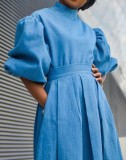 Sky Blue Bubble Sleeve High Neck Pleated Long Dress
