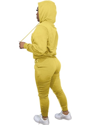 Yellow Long Sleeve Hoody Top and Pant 2PCS Set with Pocket