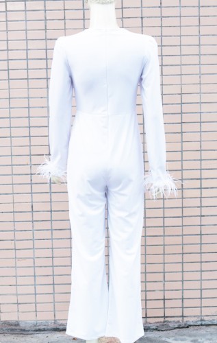 Feather Cuff White Deep-V Long Sleeve Wide Jumpsuit