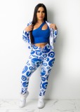 Blue Circle Print White Zipper Up Crop Top and Pant Two Piece Set