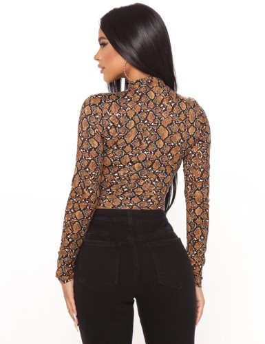 Snake Skin Print Brown Long Sleeve Fitted Crop Top