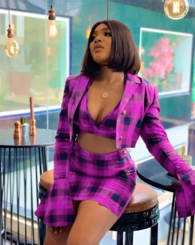 Purple Checks Bra and Flare Sleeve Blazer with Mini Dress 3 Piece Set