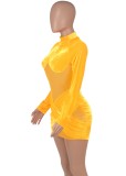 Mesh Patch Yellow Velour Midi Neck Mini Fitted Dress