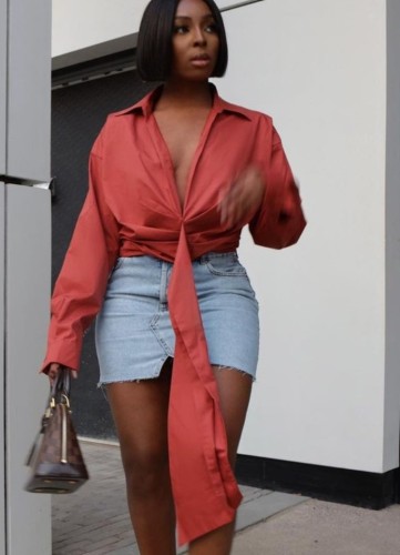 Red Deep-V Ruched Shirring Blouse