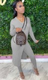 Grey Ribbed V-Neck Split Long Top and Pants Two Piece Set