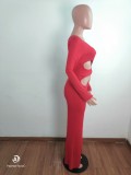 Red Hollow Out Square-Ring Long Sleeve Jumpsuit