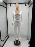 White Patch V-Neck Long Sleeves Tunic Top and Pants 2PC Set