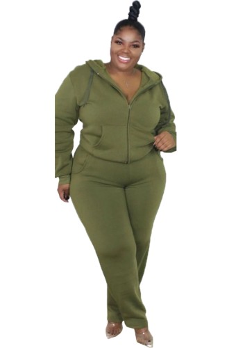 Plus Size Green Drawstring Hoody Top and Pant 2PCS Set