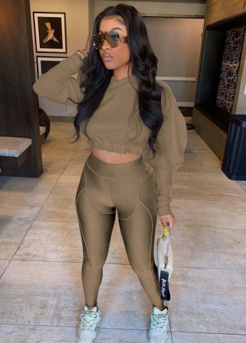 Brown Bubble Sleeve Hoody Crop Top and Line Pant Two Piece Set