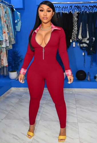 Check Collar and Cuff Patchwork Red Zipper Up Jumpsuit