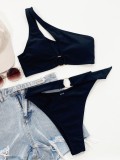Black Square-Ring High Waist One Shoulder Bikini 2PCS Set