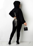 Black Drop Shoulder Lace Up Hoody Crop Top and Pant 2PCS Set