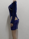 White Piping Blue Velvet Cut Out Bodycon Dress