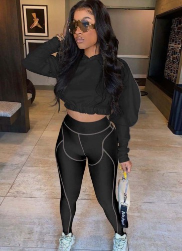 Black Bubble Sleeve Hoody Crop Top and Line Pant Two Piece Set