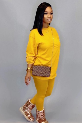 Yellow Long Sleeves O-Neck Top and Pants Two Piece Loungewear