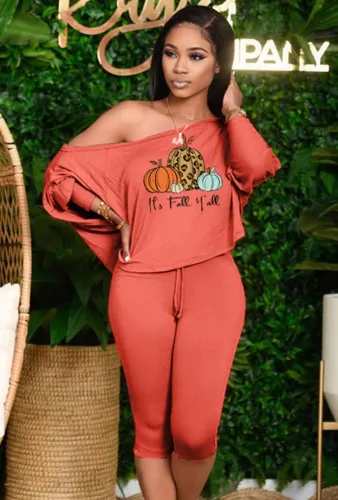 Halloween Pumpkin Print Orange Off Shoulder Top and Midi Pants Two Piece Set