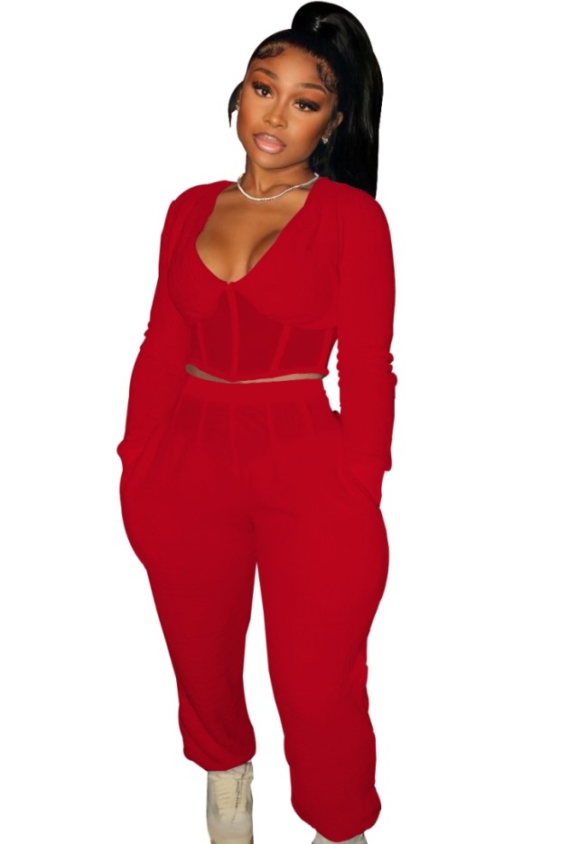 Red Patch V-Neck Long Sleeves Tunic Top and Pants 2PC Set