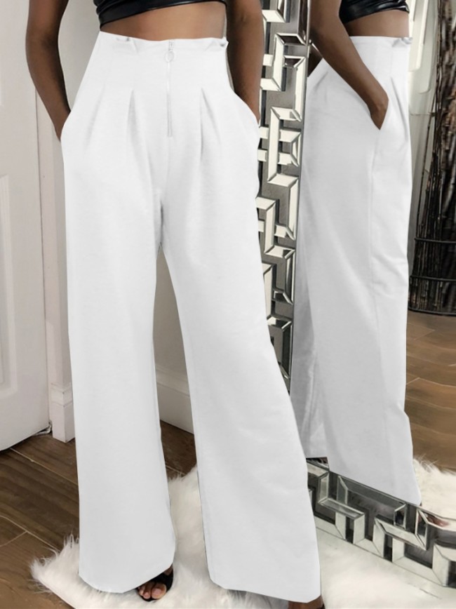 White High Waist Wide Leg Trousers with Pocket