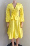 Plus Size Yellow V-Neck Long Sleeve Midi Dress with Belt