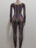 Multi Color Print O-Neck Sheath Bodysuit and Pants 2PCS Set