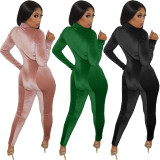 Velour Pink Long Sleeve Zip Up Tight Jumpsuit