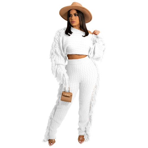 White Knitted Tassel Sweater Two Piece Set