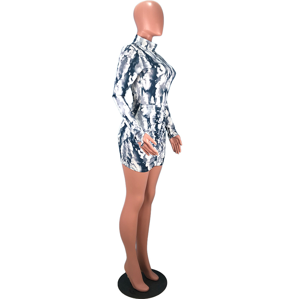 Printed Tie Neck Long Sleeve Mini Dress main image 1