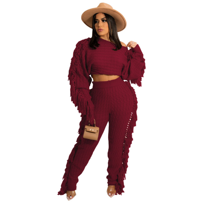 Burgundy Knitted Tassel Sweater Two Piece Set