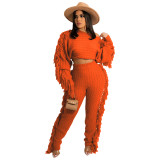 Orange Knitted Tassel Sweater Two Piece Set