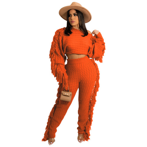 Orange Knitted Tassel Sweater Two Piece Set