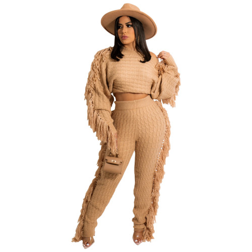 Apricot Knitted Tassel Sweater Two Piece Set