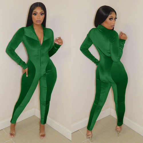 Velour Green Long Sleeve Zip Up Tight Jumpsuit