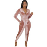 Velour Pink Long Sleeve Zip Up Tight Jumpsuit