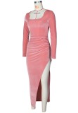 Pink Velour Square Neck Irregular Long Sleeves Elegant Dress