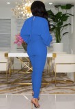 Blue Deep-V Bat Sleeve Ruched High Waist Jumpsuit