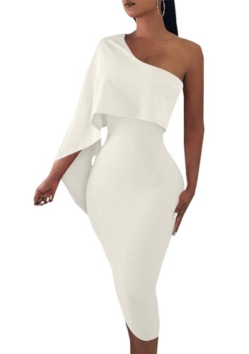 White Single Shoulder Sheath Midi Dress