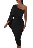 Black Single Shoulder Sheath Midi Dress