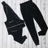 Black Velvet Zip Open Turndown Collar Top and Pants 2PCS Set