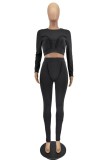 Black O-Neck Sheath Crop Top and Pants Two Piece Set