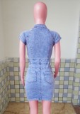 Blue Turndown Collar Zipper Short Sleeve Mini Denim Dress