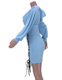 Blue Lace-Up Zipper Long Sleeve Hoody Dress