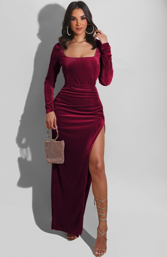 Red Velour Square Neck Irregular Long Sleeves Elegant Dress