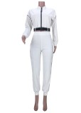 White Zipper Crop Top And Matching Pants Two Piece Set With Belt