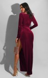 Red Velour Square Neck Irregular Long Sleeves Elegant Dress