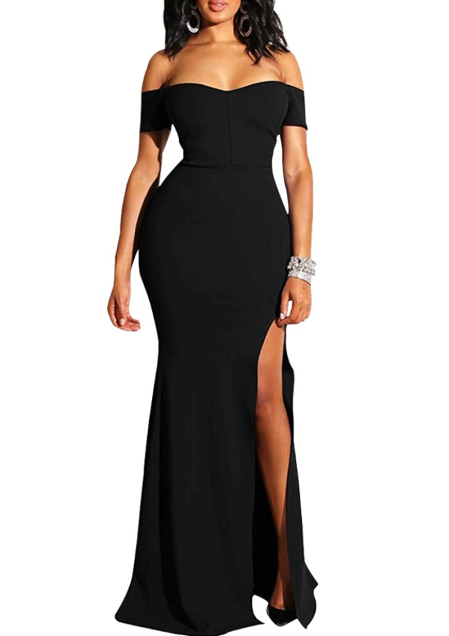Black Off Shoulder Hight Slit Evening Dress