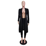 Black Ribbed Long Cardigan and High Waist Drawstring Pants Two Piece Set