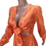 Orange Wrap Tied Long Sleeve Evening Dress