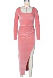Pink Velour Square Neck Irregular Long Sleeves Elegant Dress